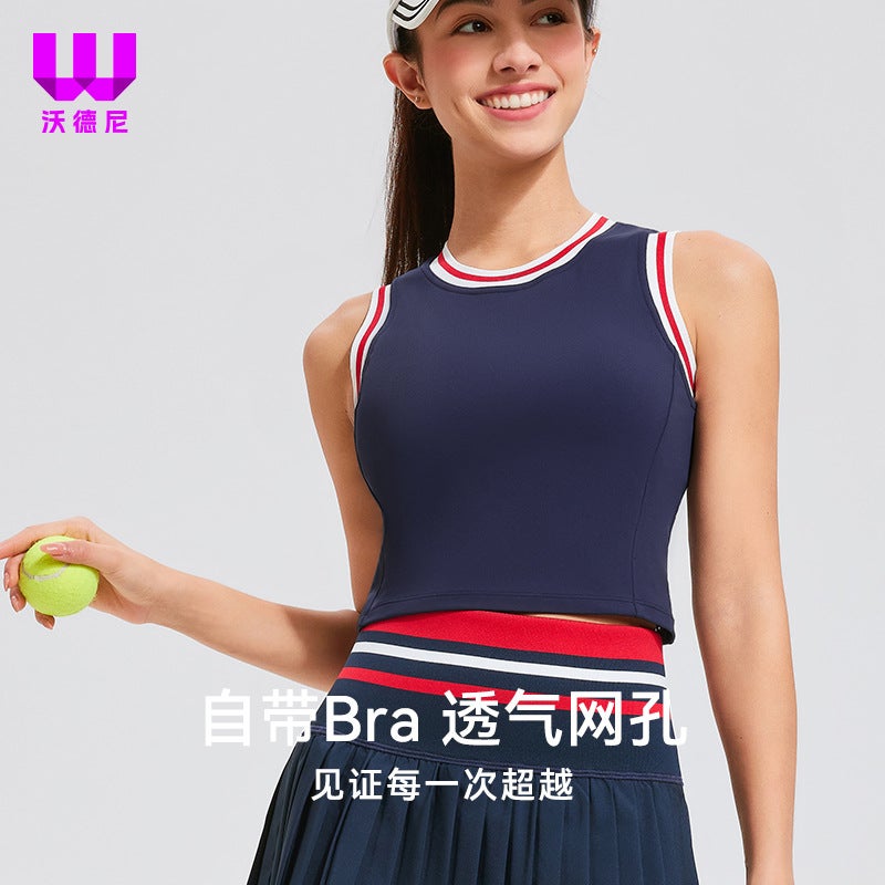 Tennis Wear Sports Vest Women'S One-Cup Mesh Thread Retro Contrasting Color Fitness Bra Yoga Short Top - Image 2